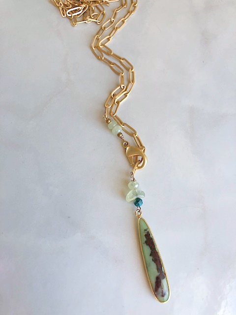 A Chrysophase, Gold Chain, Prehnite, Turquoise, Necklace